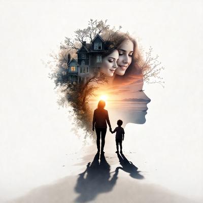 The primary subject of the image is a woman and a child walking together. They are the main focus of the scene. The setting is a beach, with the ocean visible in the background. The visual style is a digital art or illustration, creating a warm and inviting atmosphere. The colors are predominantly warm and natural, with the ocean and sky contributing to the overall mood of the image.